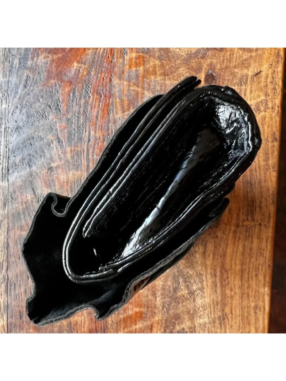 Black Real Patent Leather Susan Farber Clutch With Ruffle & Grommet Detailing 10